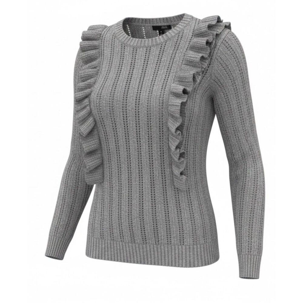AQUA 100% Cashmere Pointelle Knit With Ruffle Detail, Gray, Sz S
